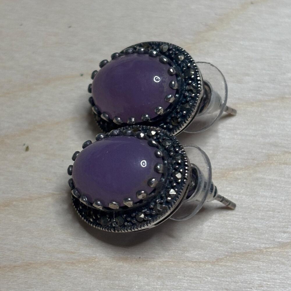 Vintage 925 Sterling Silver Lavender Jade Marcasite Oval Stud Earrings - Picture 5 of 6